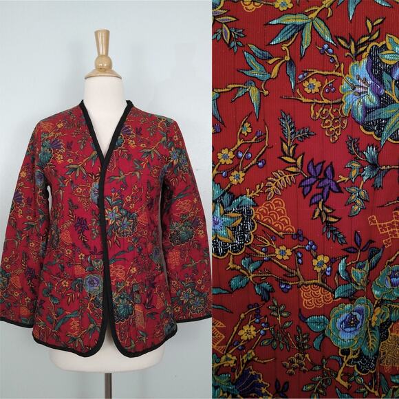 Vintage 70s AJ Bari Quilted Corduroy Chinoiserie Tangzhuang Asian Floral Blazer - Picture 2 of 8
